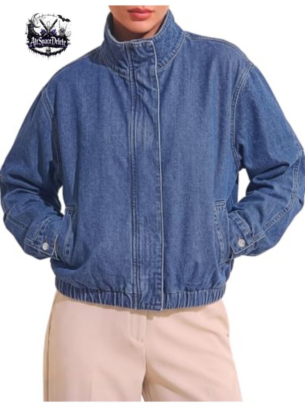 Oversized Denim Jacket Funnel Neck Zip Up Casual Jean Jacket